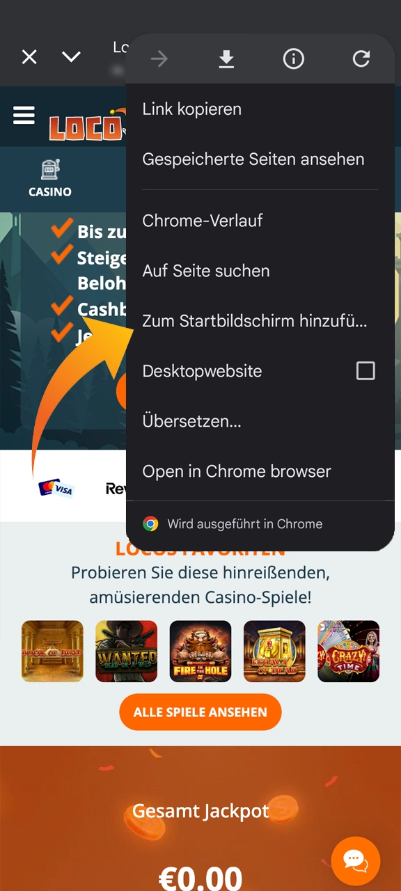 Füge Locowin zum Startbildschirm hinzu und beginne zu gewinnen.