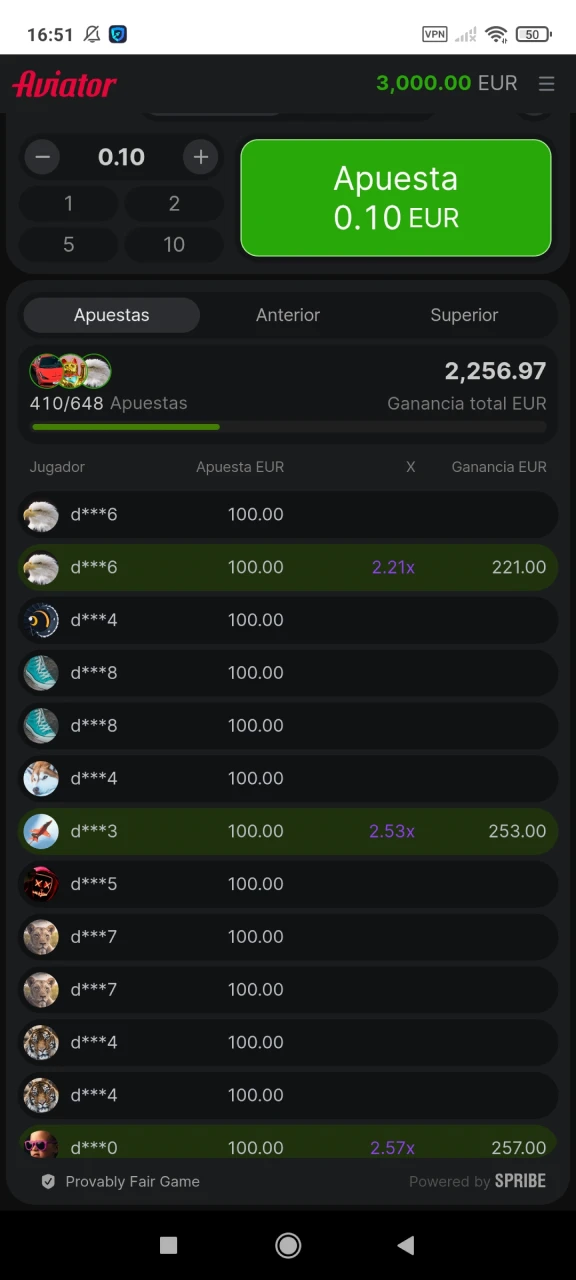 Explora la lista de apuestas en el juego Aviator en Locowin.