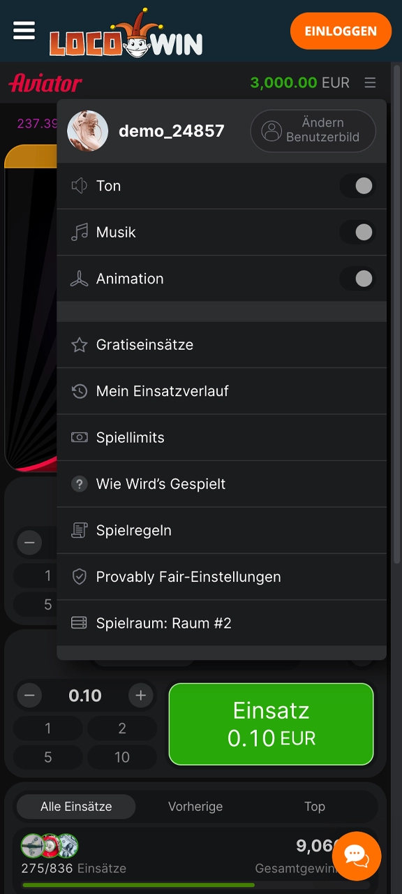 Entdecke das Aviator-Spielmenü auf Locowin.