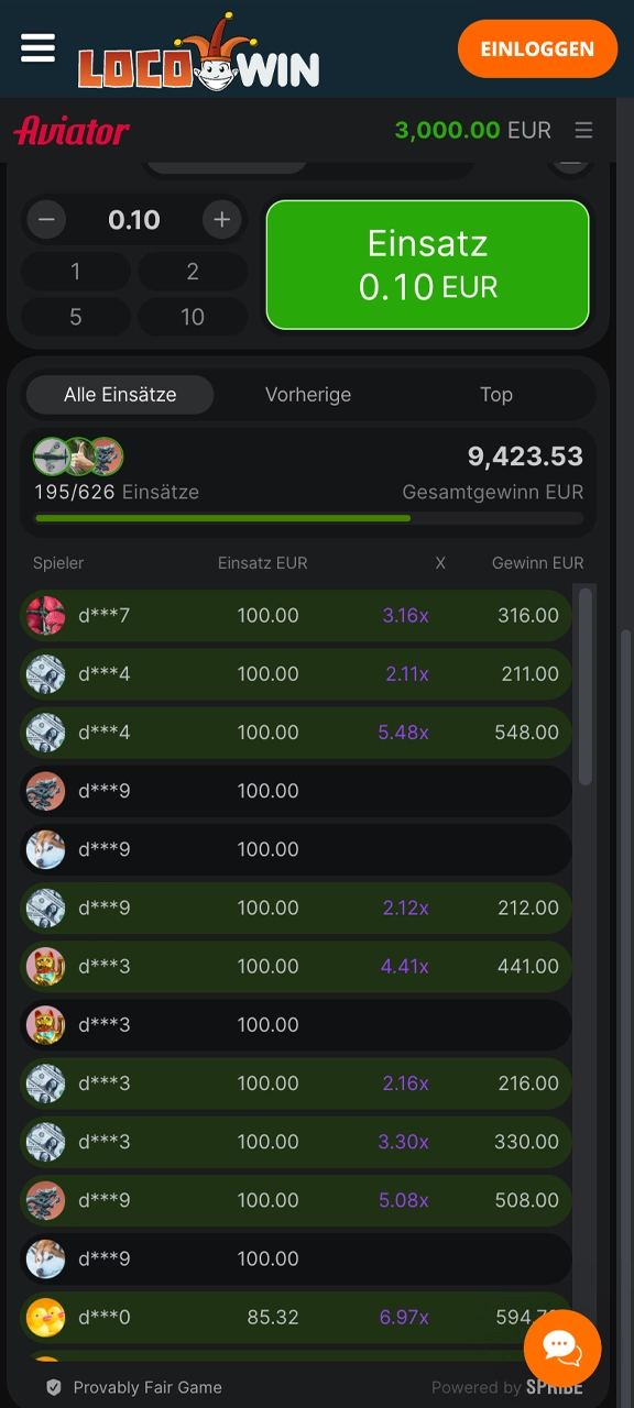 Entdecke die Liste der Wetten im Aviator-Spiel bei Locowin.