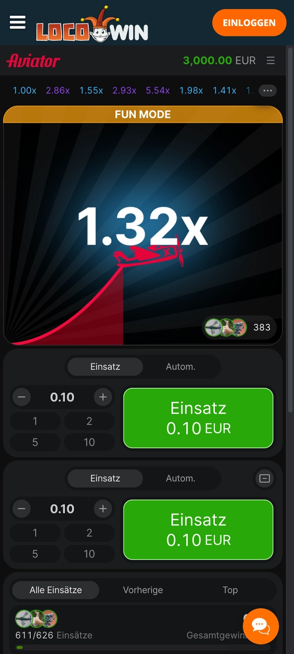 Platziere eine Wette auf das Aviator-Spiel bei Locowin.