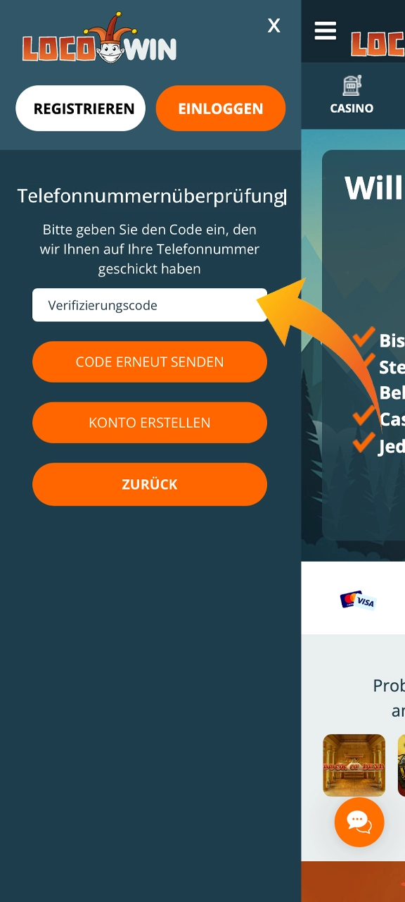 Bestätigen Sie Ihre Telefonnummer auf der Locowin-Website.
