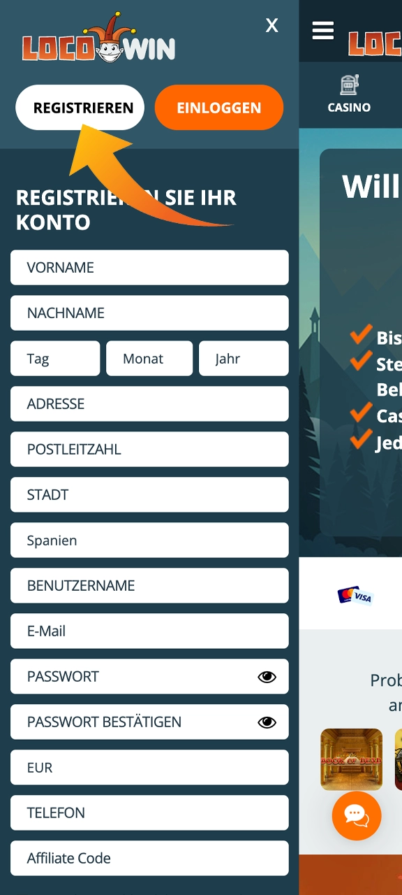 Registrieren Sie sich auf der Locowin-Website.