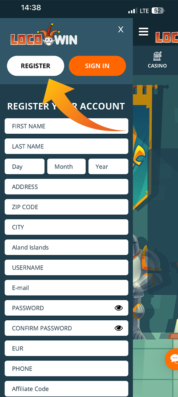 Register on the Locowin website.