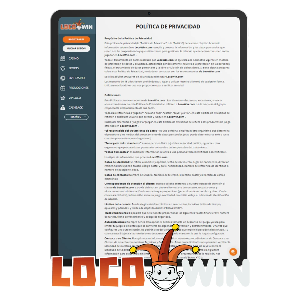 Por favor revise la política de privacidad del sitio web de Locowin.