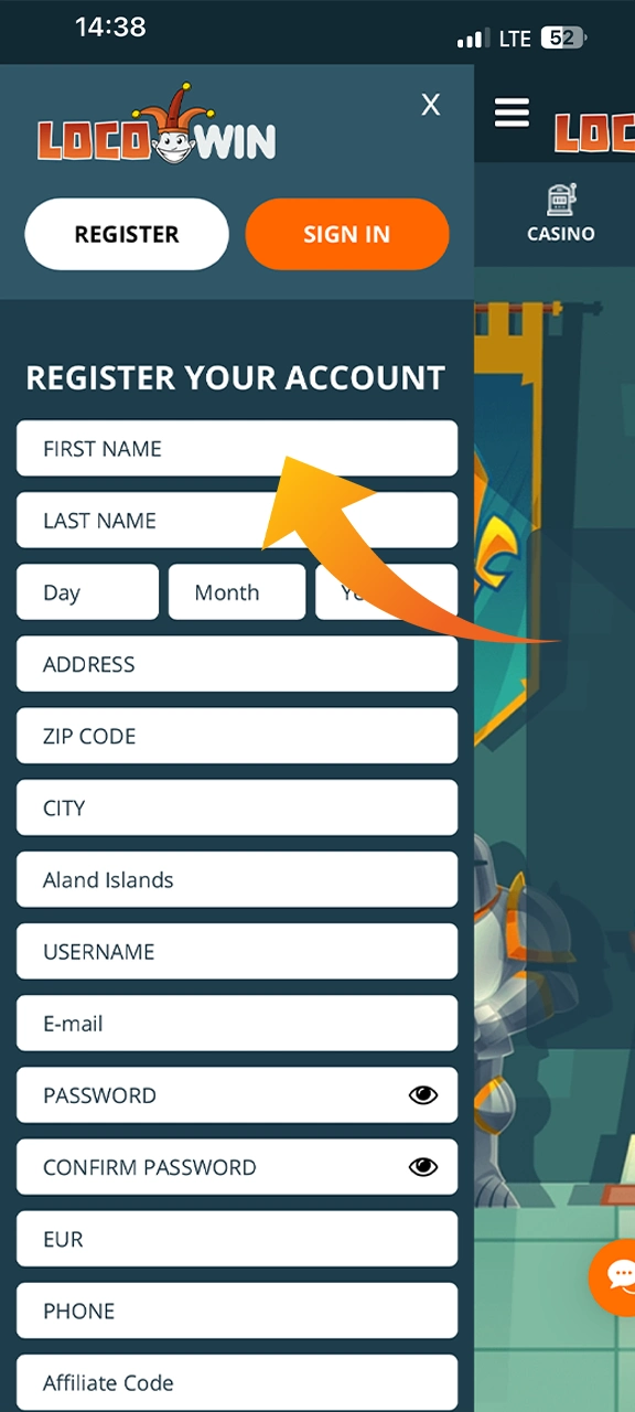Complete the information in the Locowin registration window.