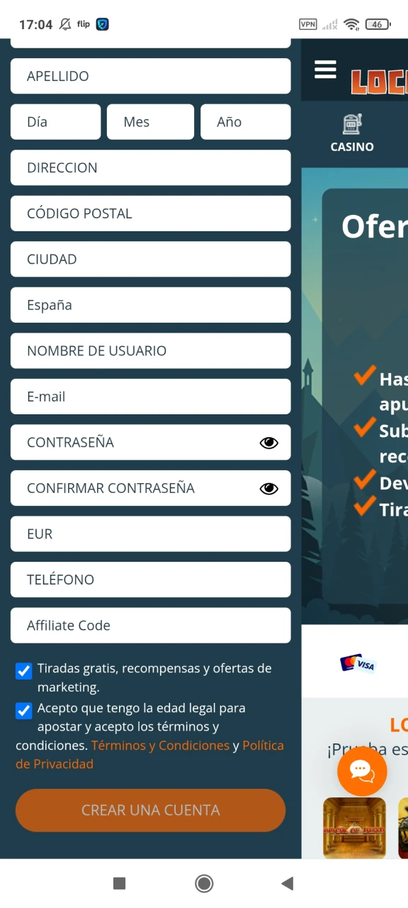 Estudie las condiciones de registro del sitio web de Locowin.